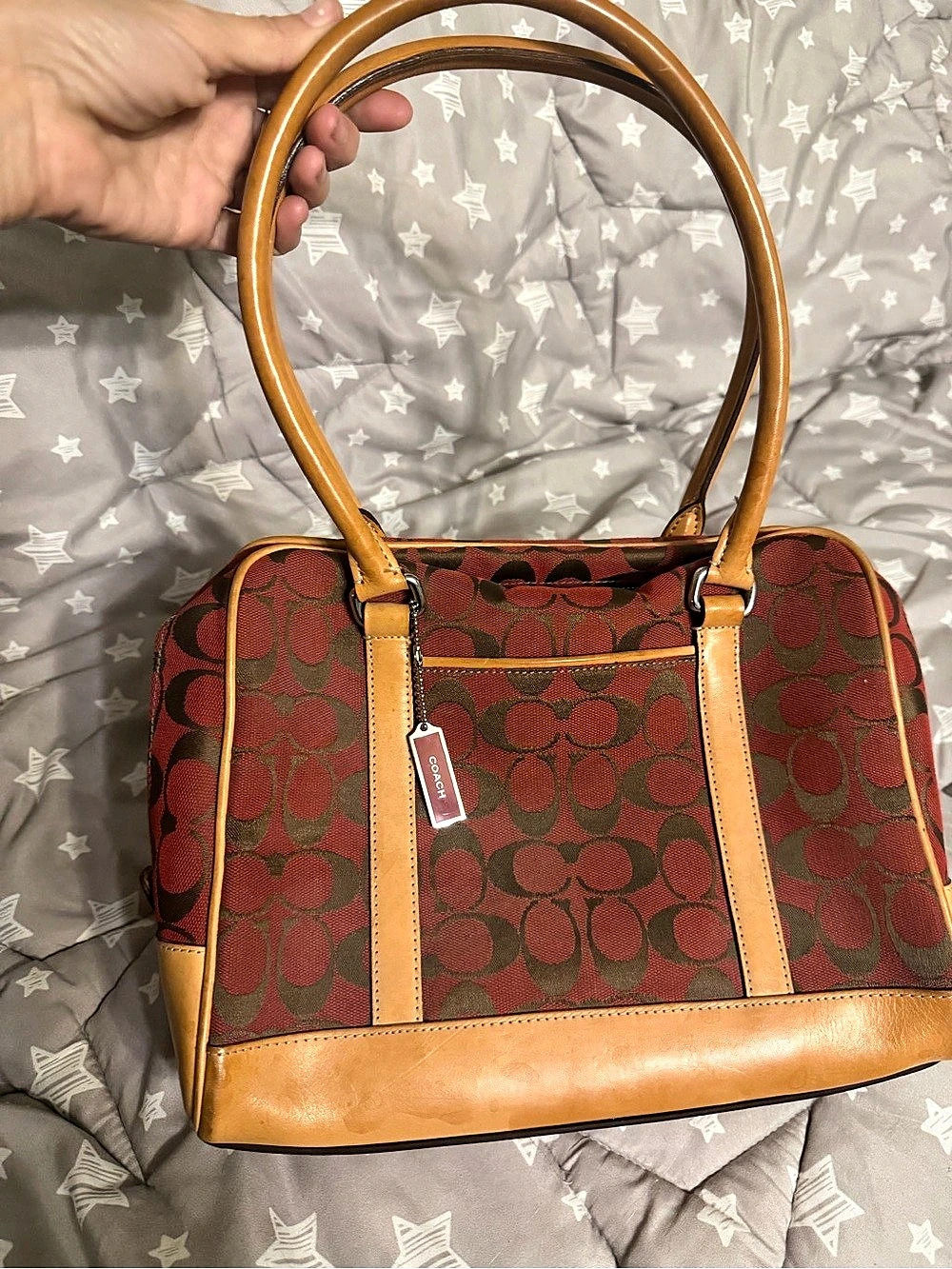 Coach Signature Satchel in Red & Brown